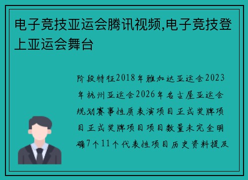 电子竞技亚运会腾讯视频,电子竞技登上亚运会舞台
